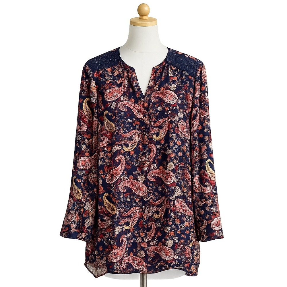 Terra & Sky Paisley Blouse Women‎ 0X 14W Blue Boho Lace Shoulder Button Up Top